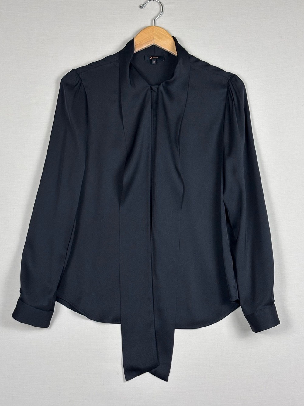 Quince Washable Silk Tie Neck Blouse Black Long Sleeve Top Medium Career